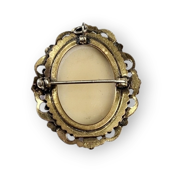 VINTAGE Cameo Brooch Pendant Ornate Flower Grecian Lady Resin Gold Plated Floral - Picture 6 of 11